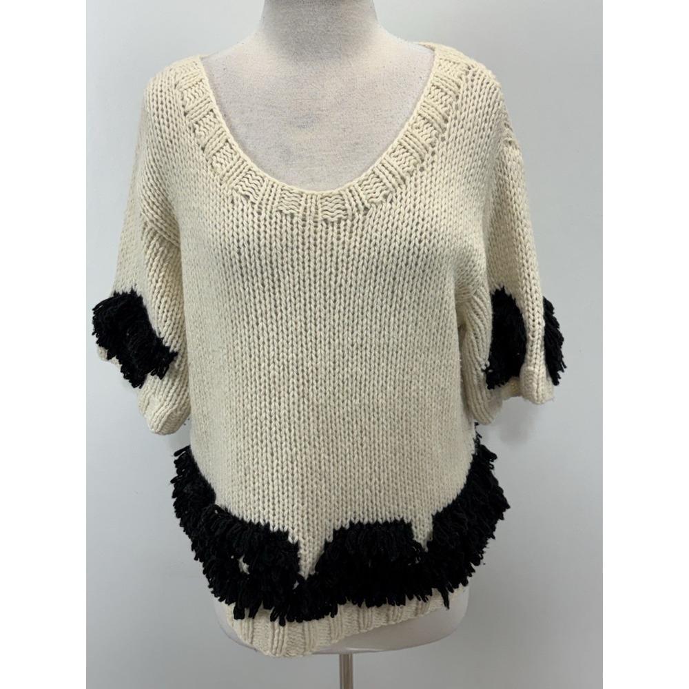 Anthropologie Akemi Kin Sweater Women's XL Ivory Black Chunky Boxy Boho